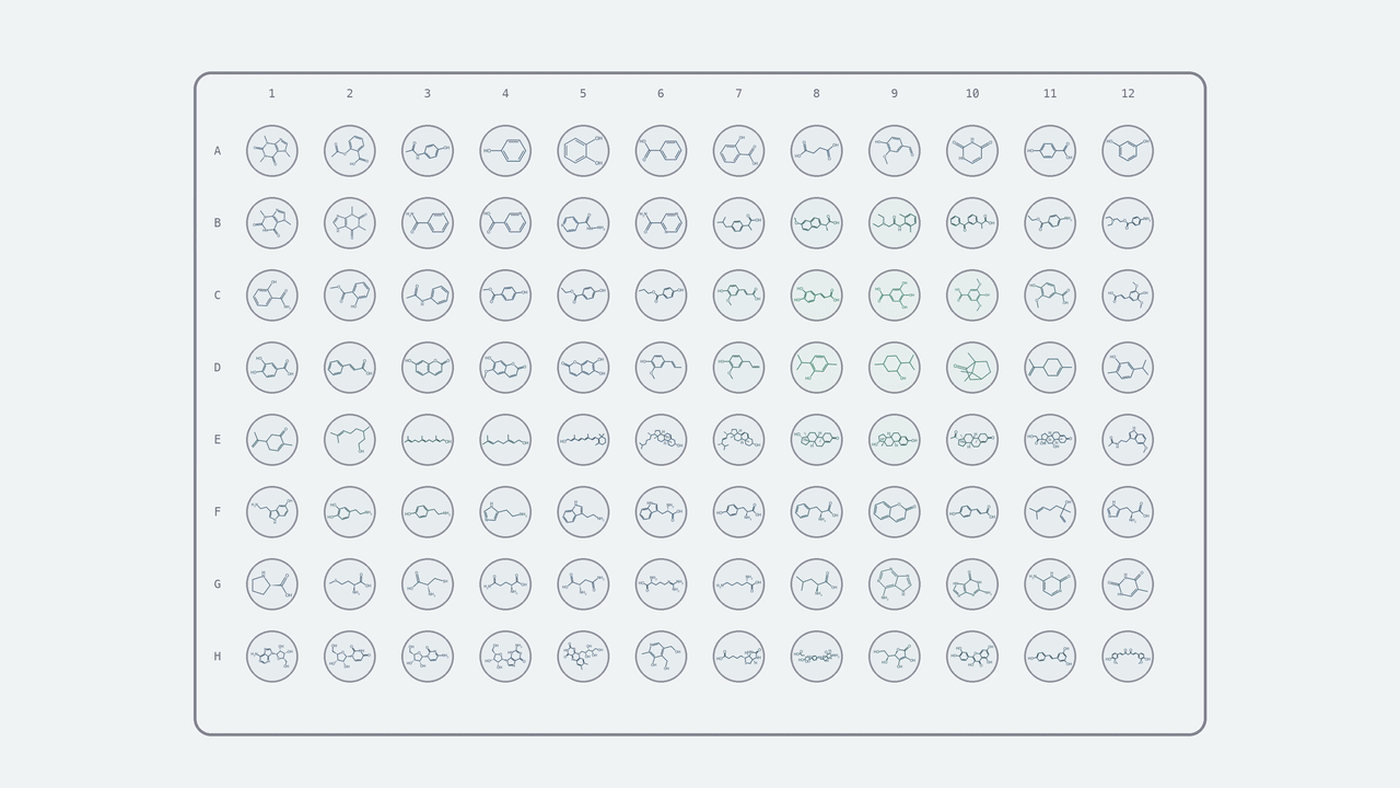 Animation of a 96-well plate containing different molecular structures.